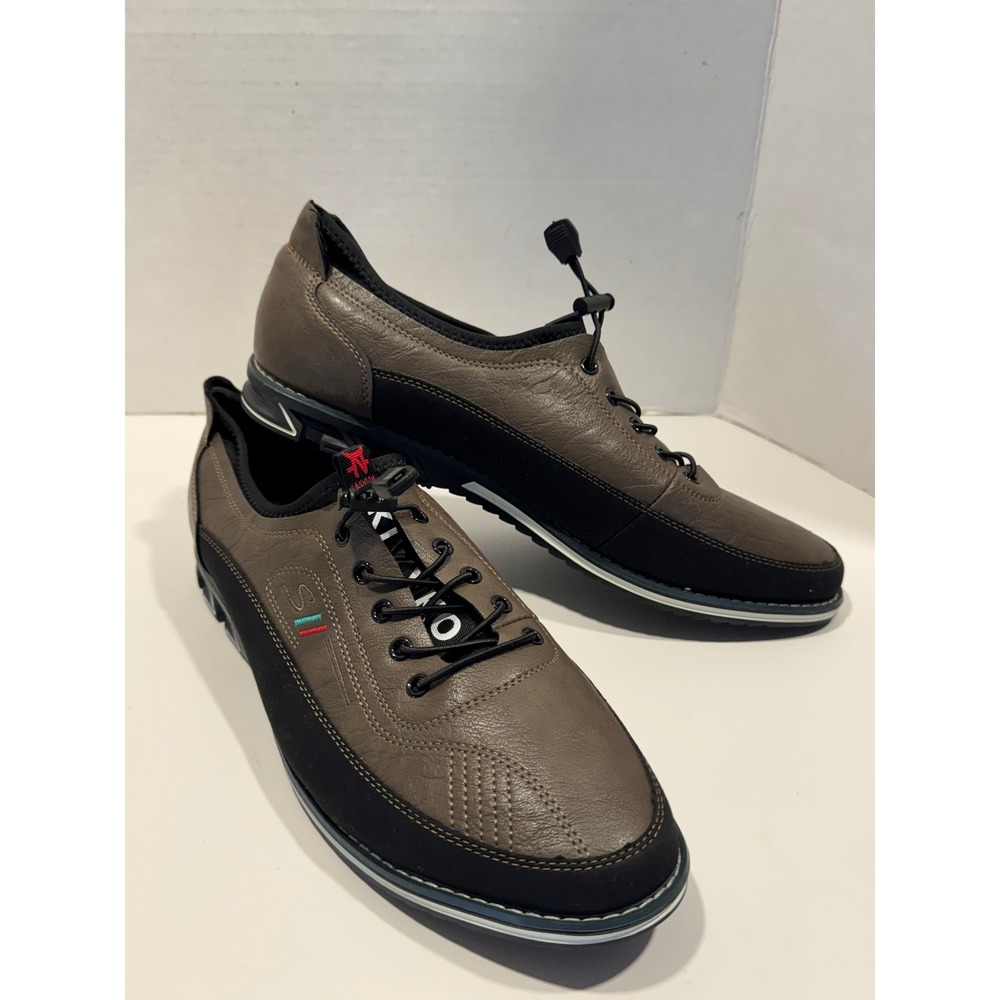 KLKYKO Men Leather Casual Sneaker Bungee Lace Size 40/11.5 Brown Black New